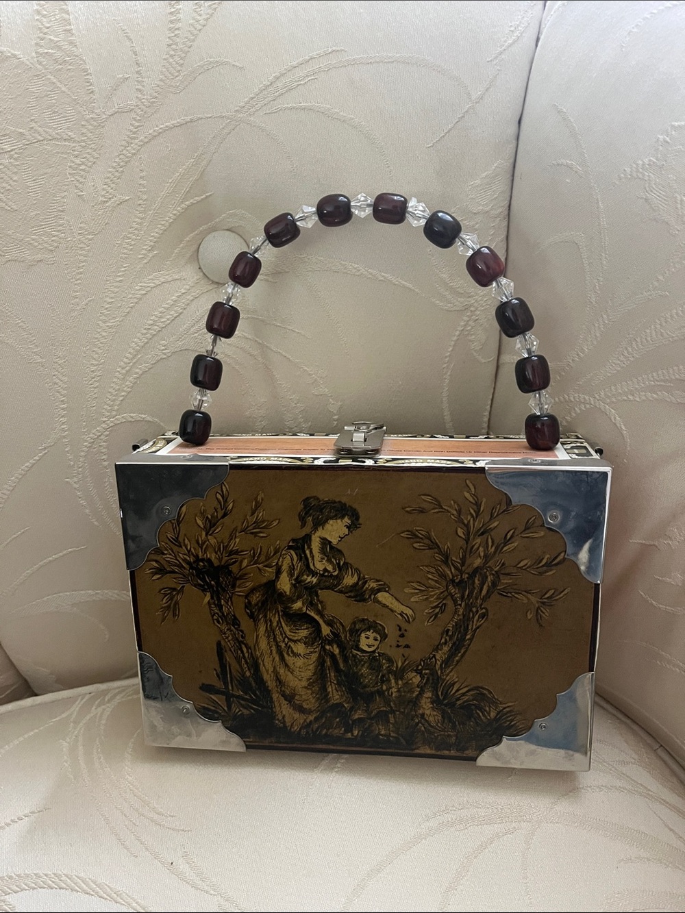 Vintage-Inspired Brown Illustrated CigarBox Handbag with Beaded Handle